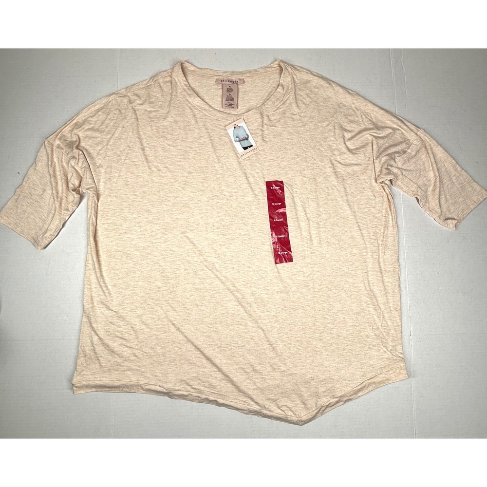 Philosophy Womens XL Beige Heather Asymmetrical Tunic Top Hem 3/4 Sleeve NWT